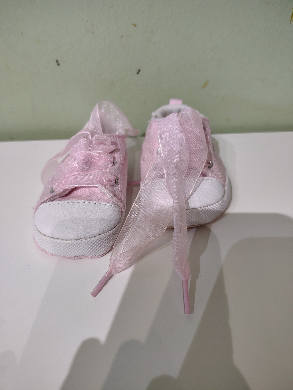 Baby Girls Ribbon Shoes 3-6 Months Infant Soft Sole Pink Sneakers White